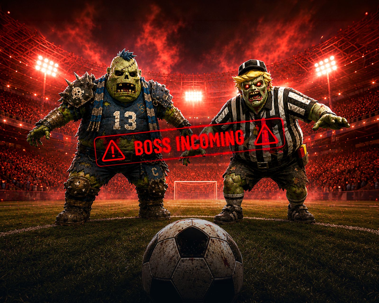 Boss incoming — the Tank Zombie and Undead Referee square up over the ball