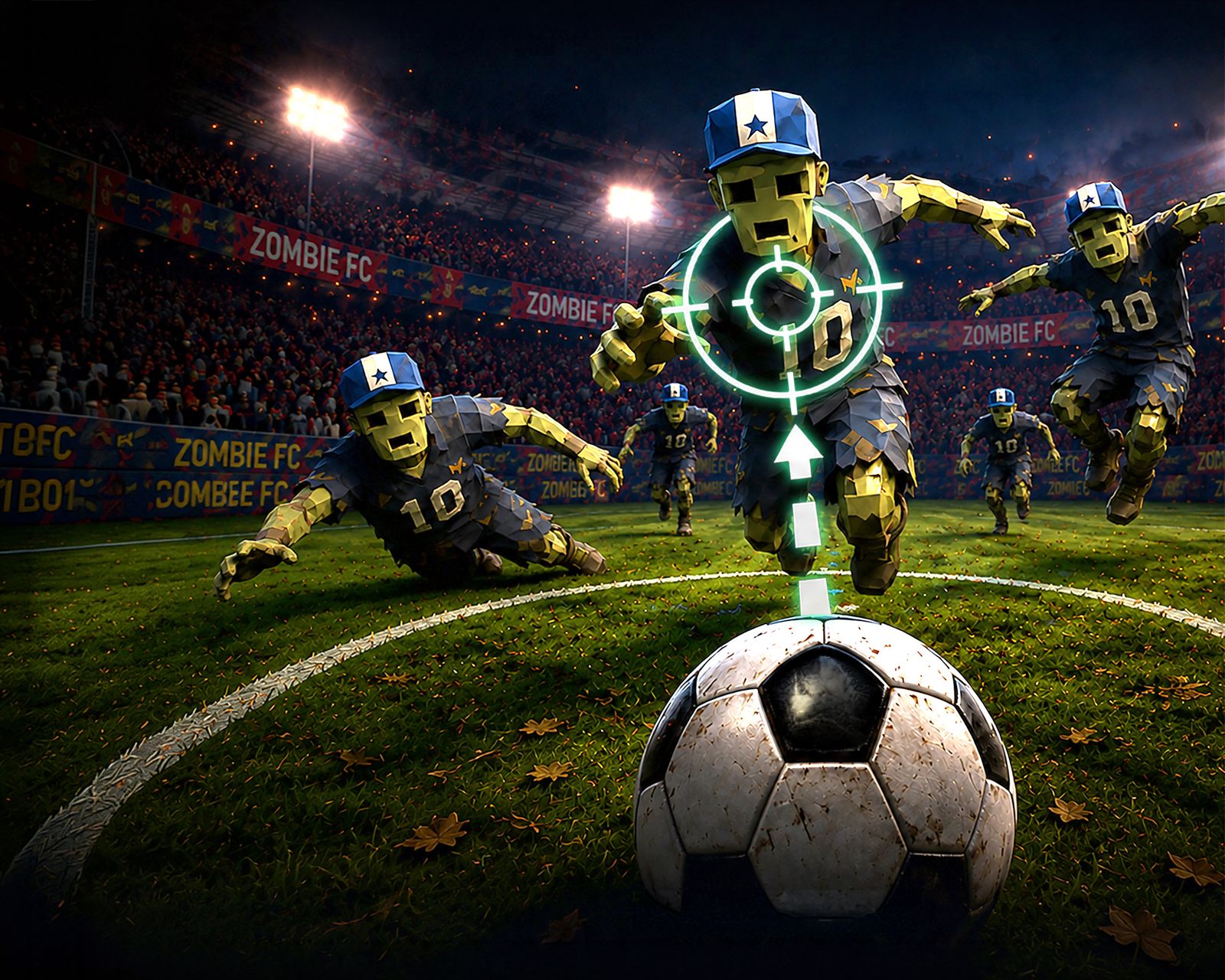 Official Last Football Hero trailer still — a targeting reticle locked on a zombie in a blue kit